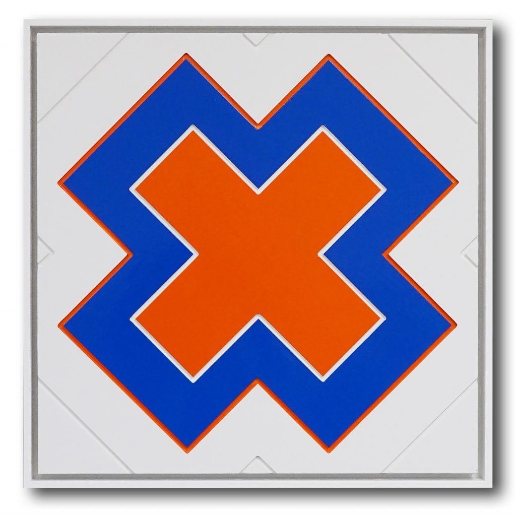 The letter X, carved and painted wood, in white, blue and orange