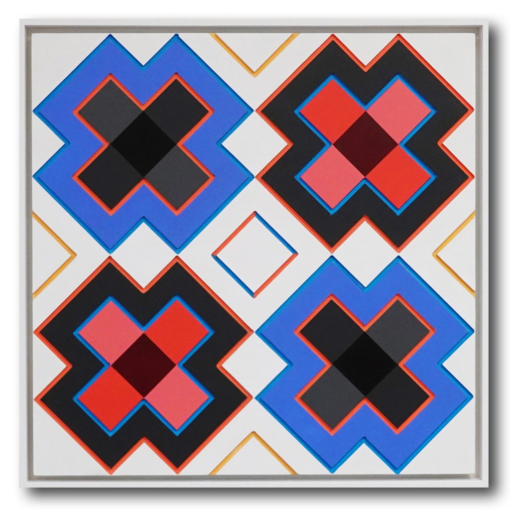 Series of 4 large Xs and four small Xs, carved and painted wood, framed, 26" x 26"